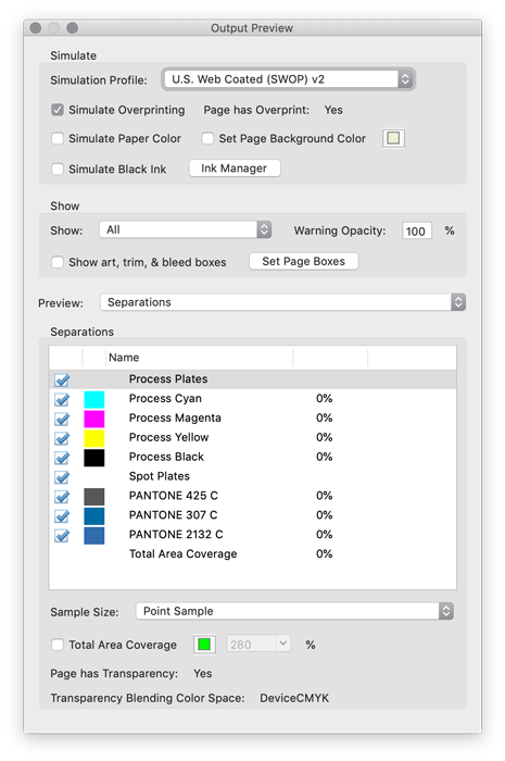 Spot colours Adobe PDF Output Preview